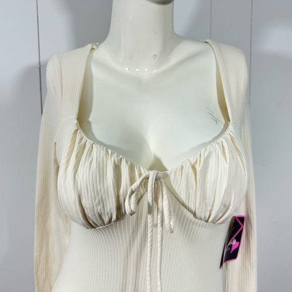 NWT MIXED THREADS Sz L Women’s Sexy Scoop Neck Long Sleeve bodysuit Beige Ribbed - Picture 2 of 8